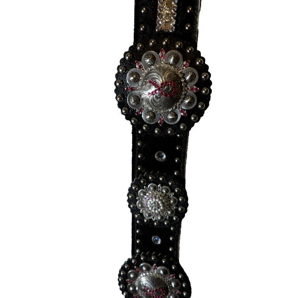 Western Beautiful Black and‎ Silver Leather Concho Belt Cancer Free Ribbon - Picture 2 of 15